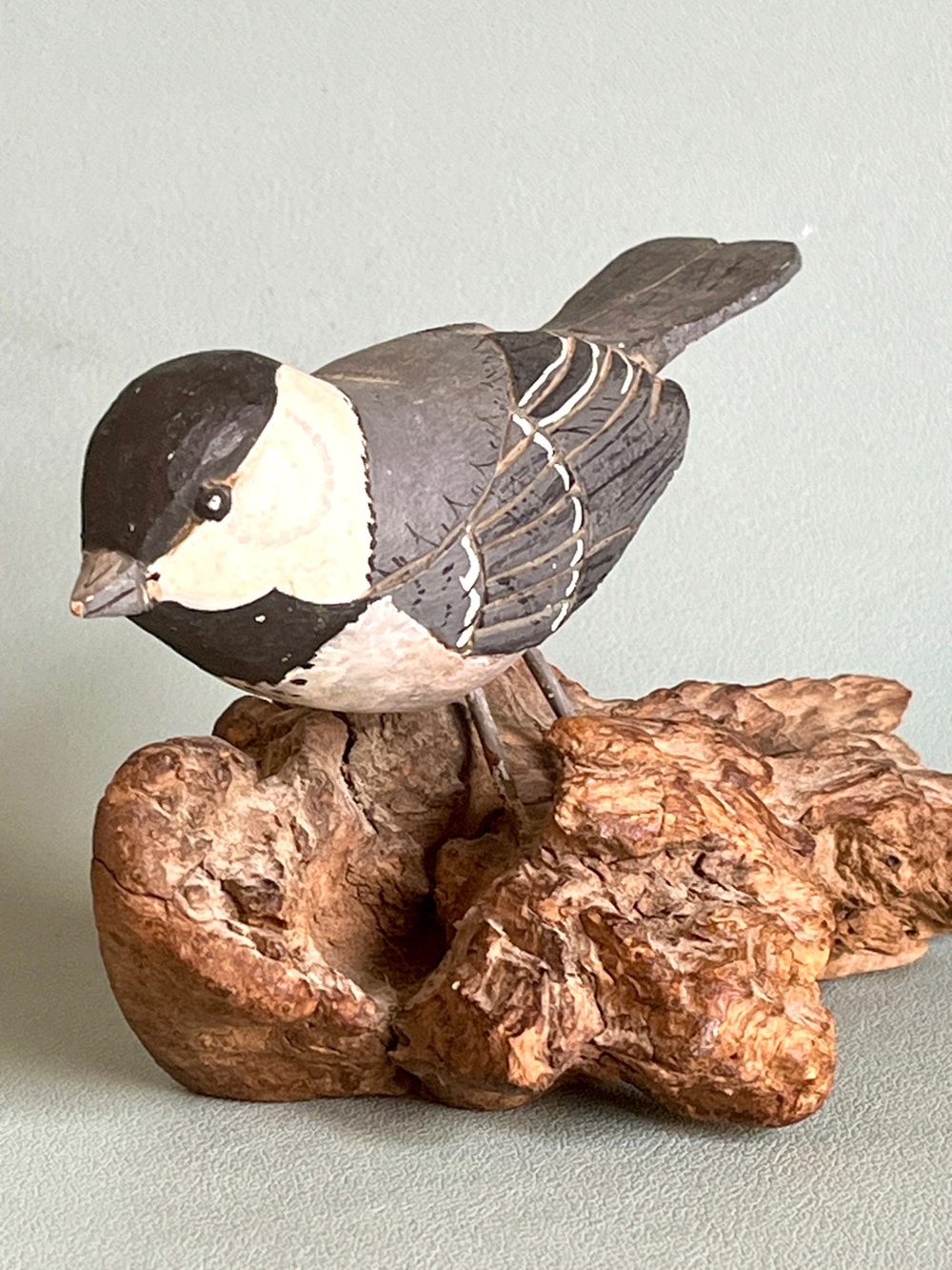 Mid Century Bird Sculpture Hand Carved Chickadee on Driftwood MCM Denmark Decor